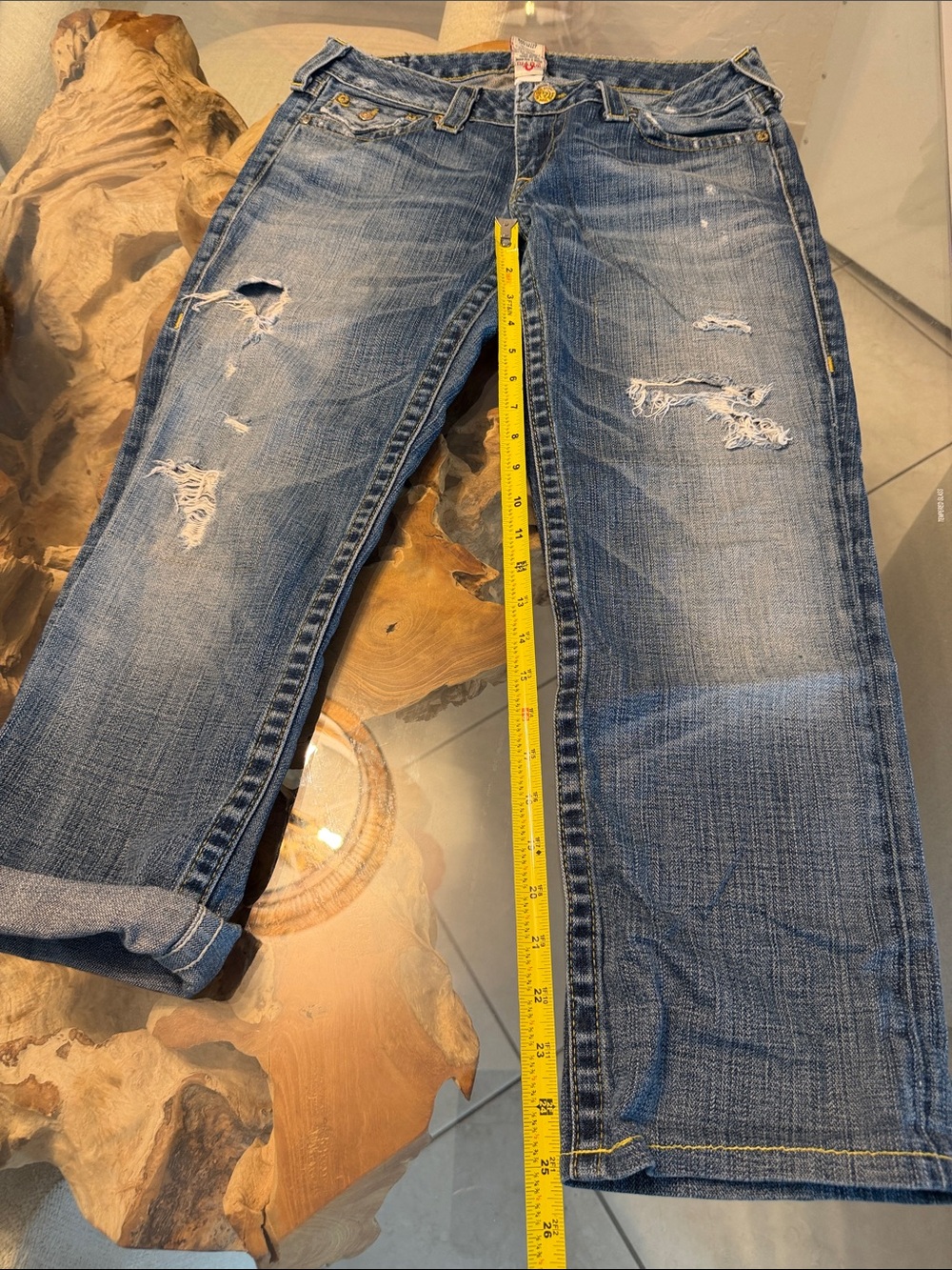 True Religion Distressed Cropped Blue Jeans